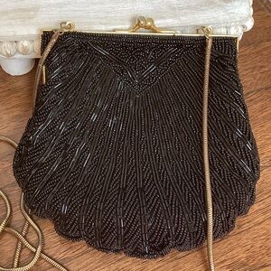 Vintage handmade black scalloped beaded shell bag with optional crossbody strap